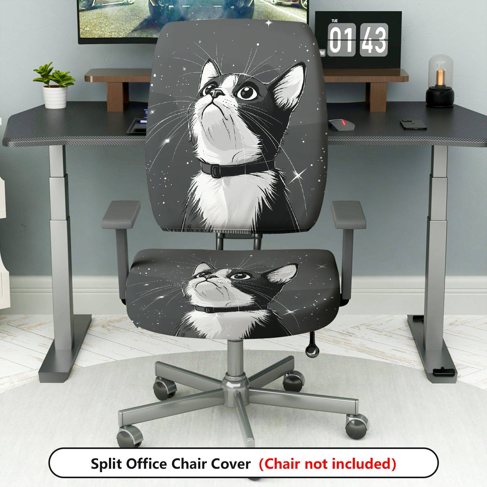 2-Piece Cute Cat Starry Sky Gray Black  Computer Chair Cover Set, Seat and Backrest