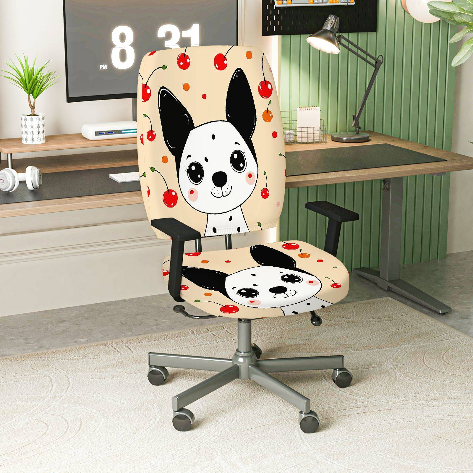 2-Piece Cute Dog Cherry Fun Decorative  Computer Chair Cover Set, Seat and Backrest