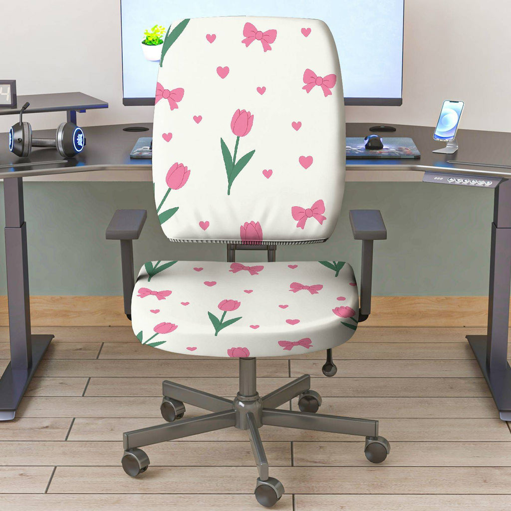 2-Piece Pink Flower Heart Ribbon Tulip Pattern  Computer Chair Cover Set, Seat and Backrest