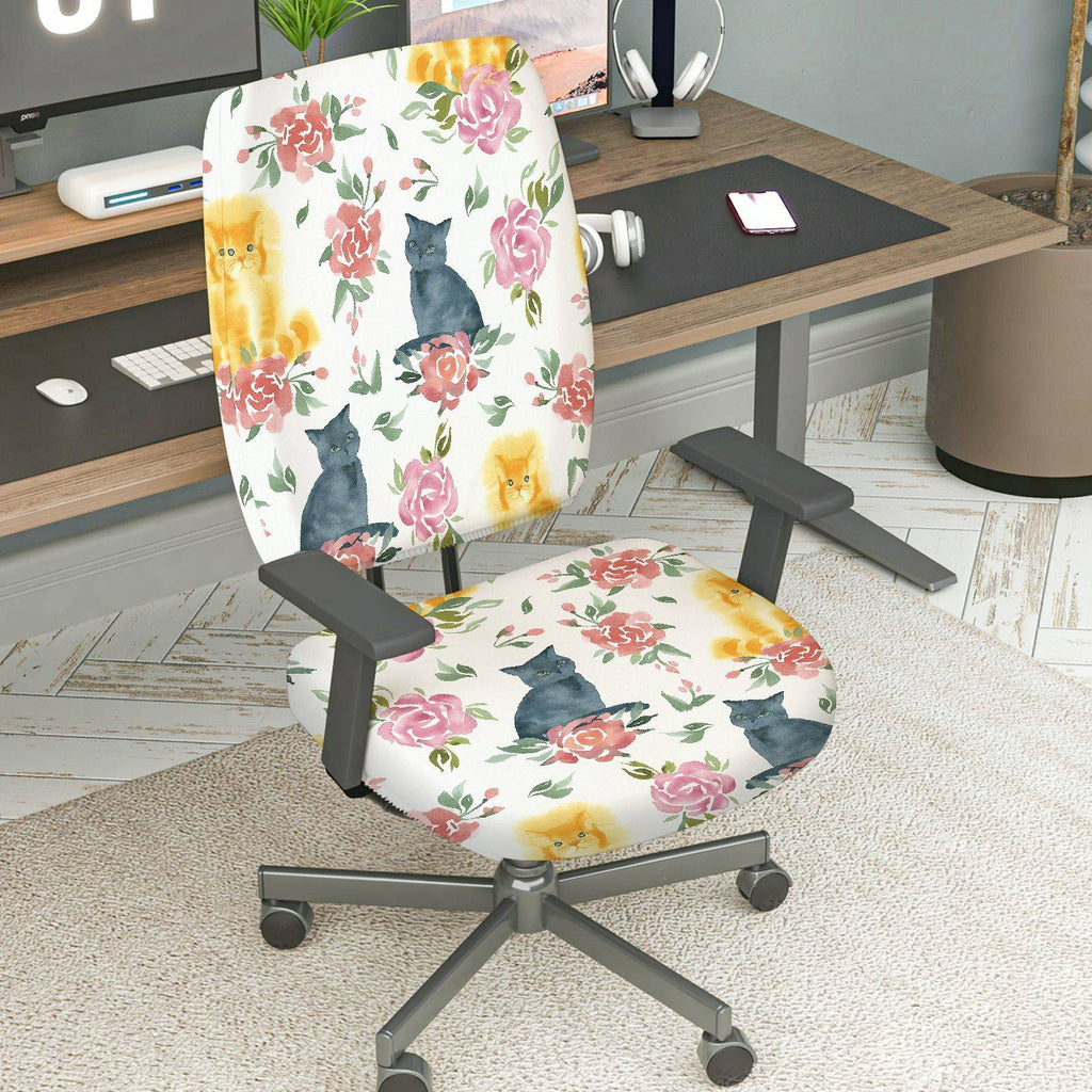 2-Piece Floral Cat Pattern Colorful Cute  Computer Chair Cover Set, Seat and Backrest
