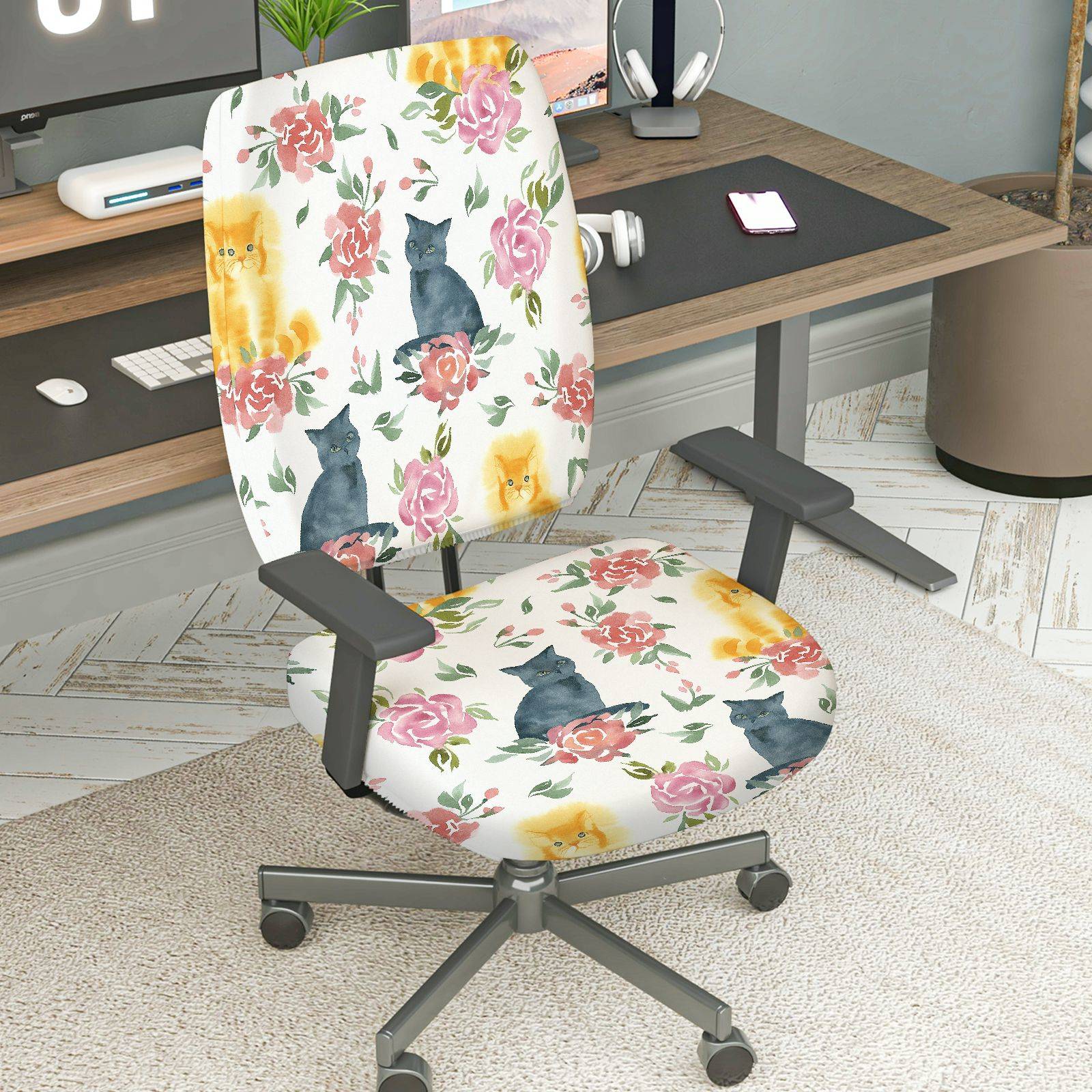 2-Piece Floral Cat Pattern Colorful Cute  Computer Chair Cover Set, Seat and Backrest