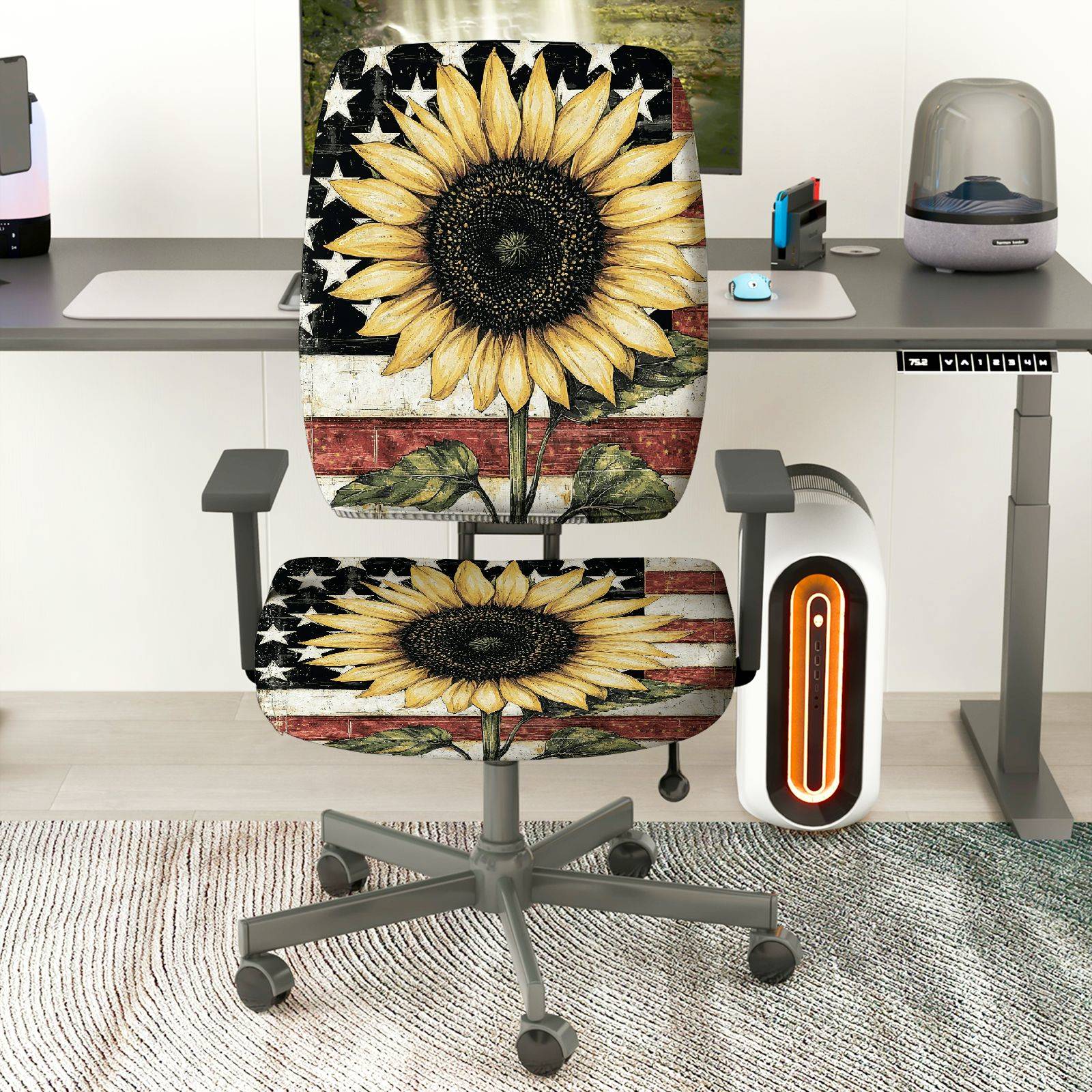 2-Piece Sunflower American Flag Vintage Patriotic Rustic Theme  Computer Chair Cover Set, Seat and Backrest