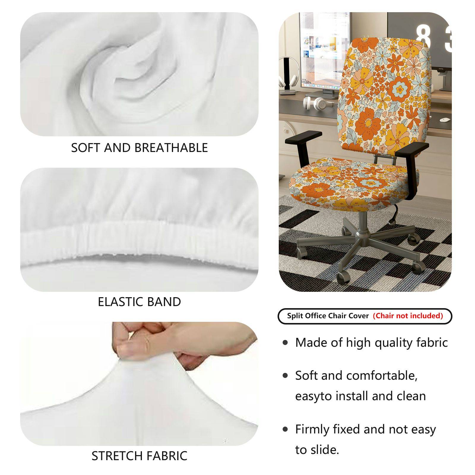 2-Piece Floral Pattern Orange Bloom Flower Bohemian Style Spring  Computer Chair Cover Set, Seat and Backrest