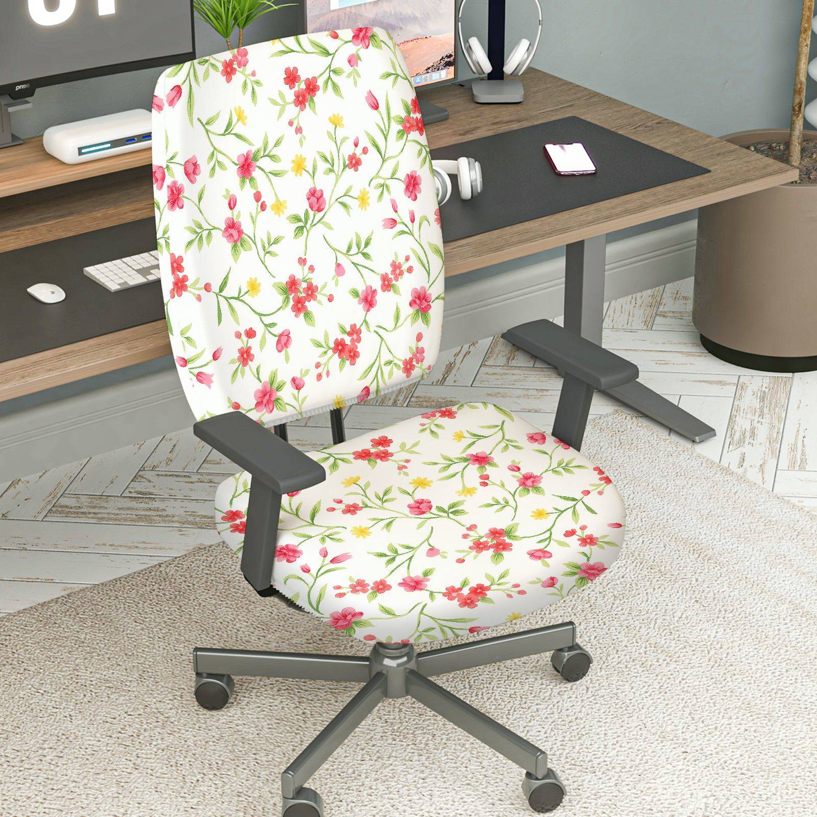 2-Piece Floral Pattern Spring Summer Flower  Computer Chair Cover Set, Seat and Backrest