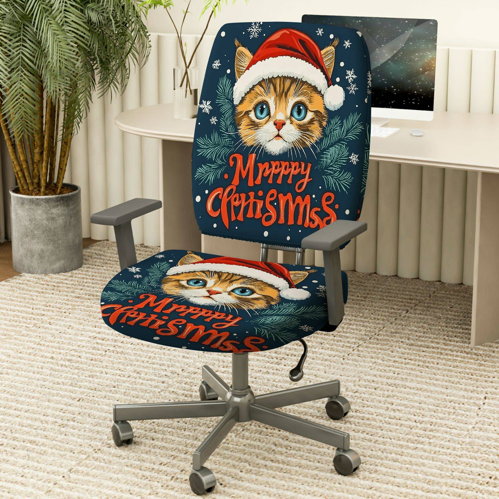 2-Piece Cute Cat Santa Hat Christmas Decorative Soft  Computer Chair Cover Set, Seat and Backrest