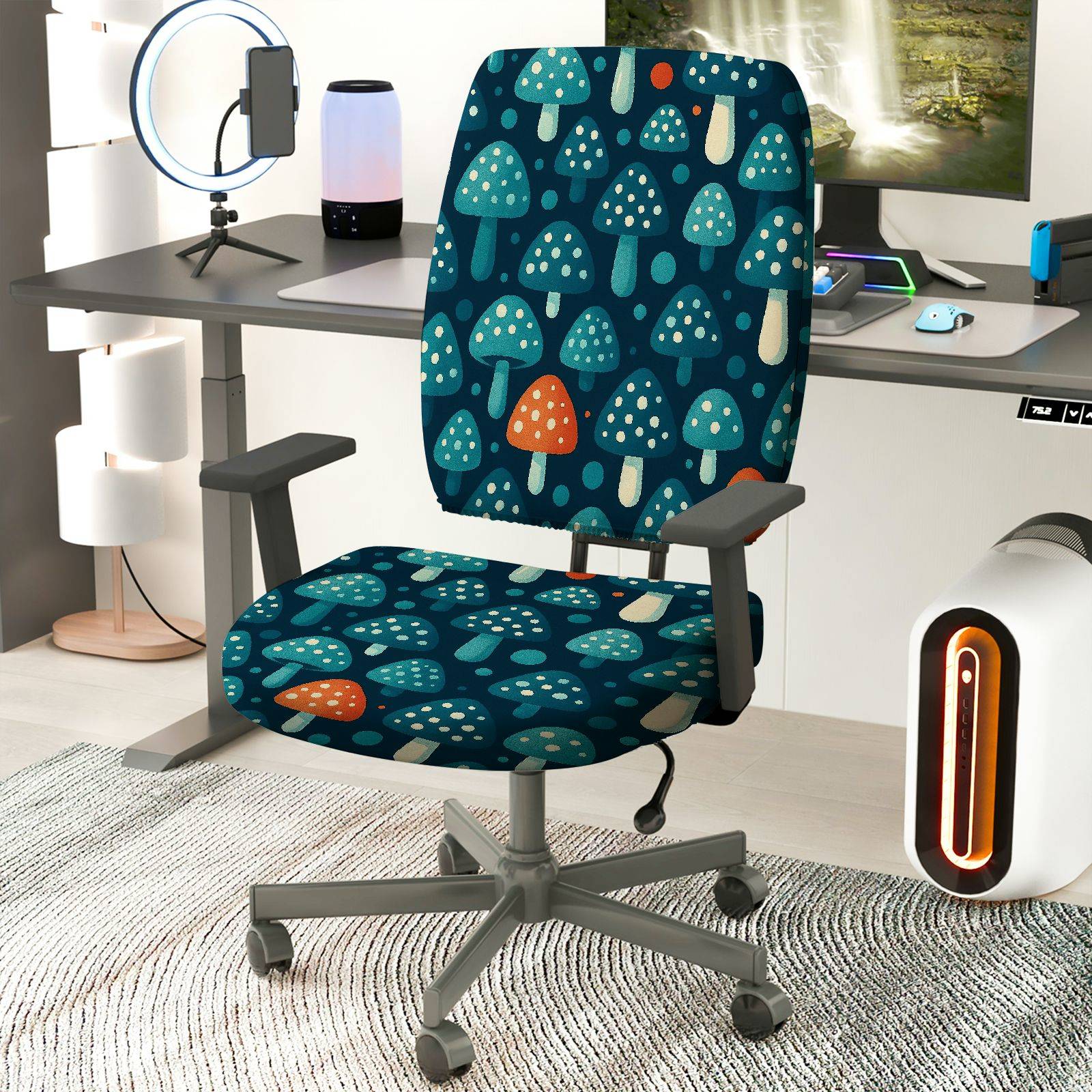 2-Piece Mushroom Forest Pattern Decorative Comfortable Ergonomic  Computer Chair Cover Set, Seat and Backrest