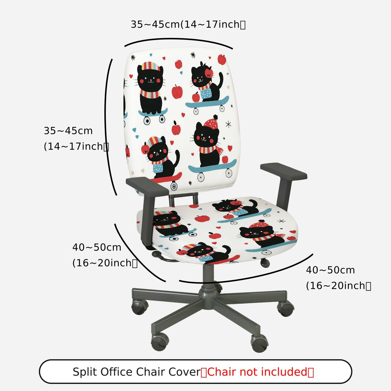 2-Piece Cute Skating Cat Apple Pattern  Computer Chair Cover Set, Seat and Backrest