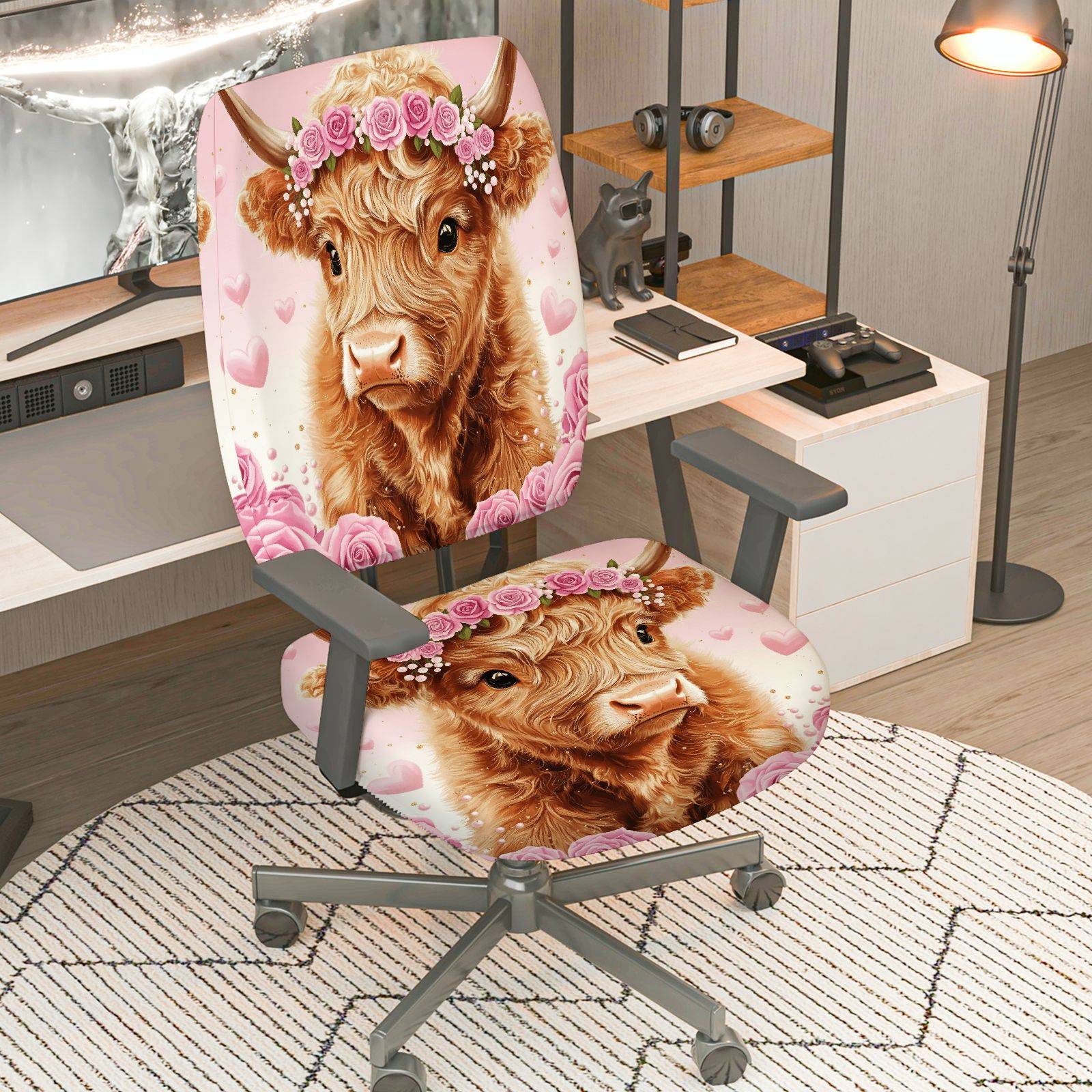 2-Piece Cute Highland Cow Flower Romantic Pink Festival  Computer Chair Cover Set, Seat and Backrest