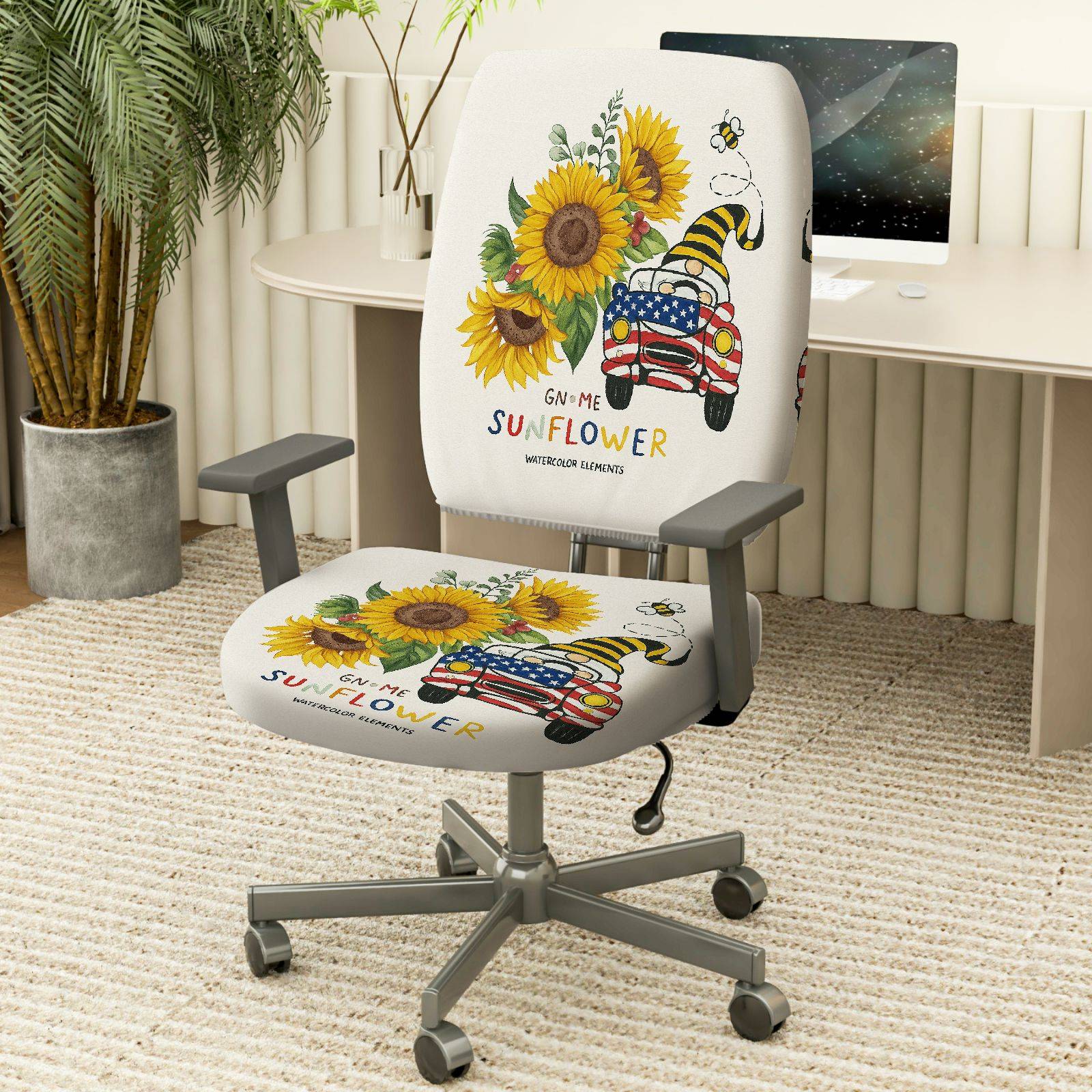 2-Piece Sunflower Gnome Christmas American Vintage Car Bee  Computer Chair Cover Set, Seat and Backrest