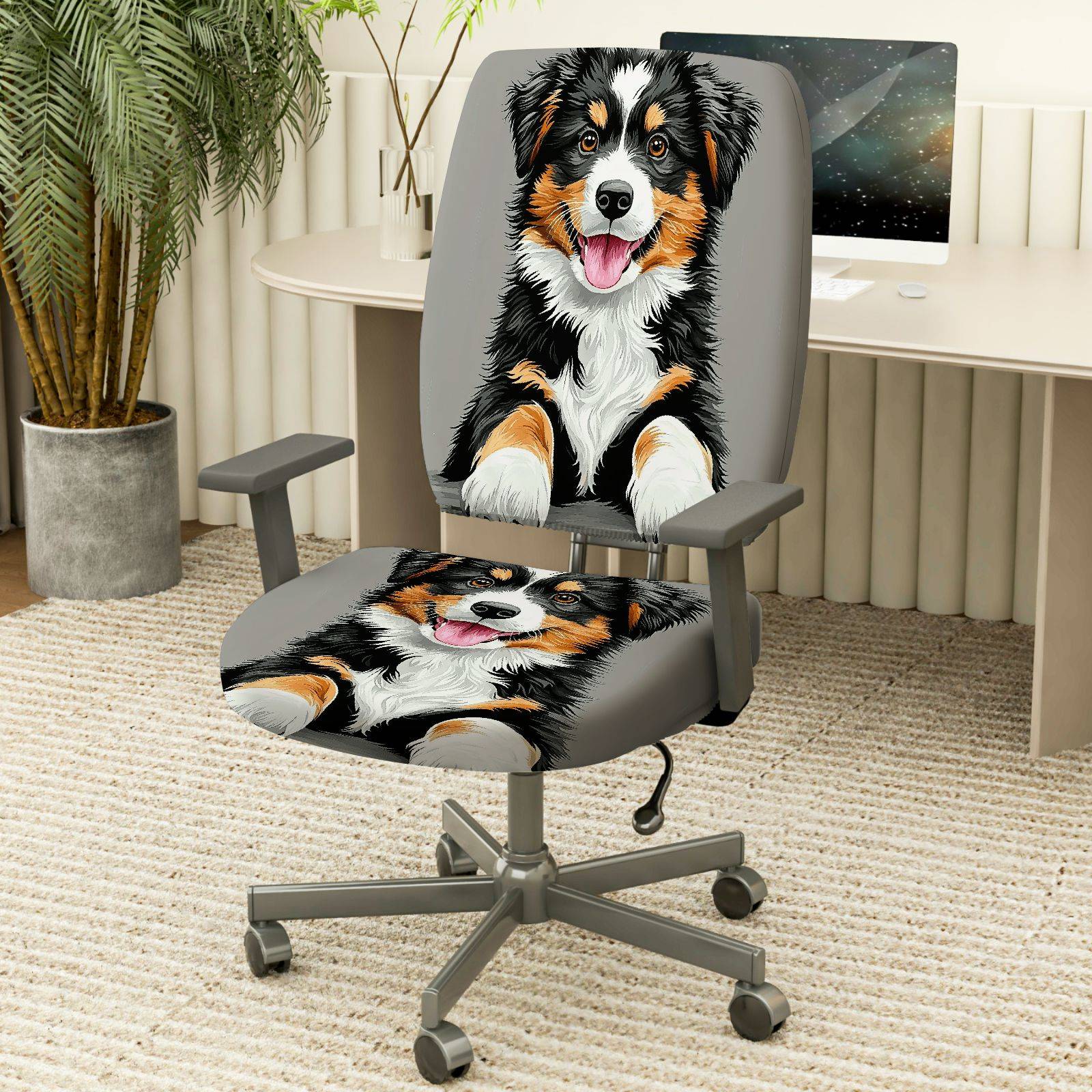 2-Piece Dog Puppy Pet Animal Cute Funny  Computer Chair Cover Set, Seat and Backrest