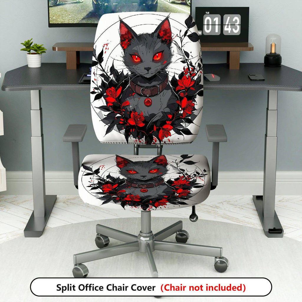 2-Piece Gothic Cat Floral Artistic Red Black  Computer Chair Cover Set, Seat and Backrest