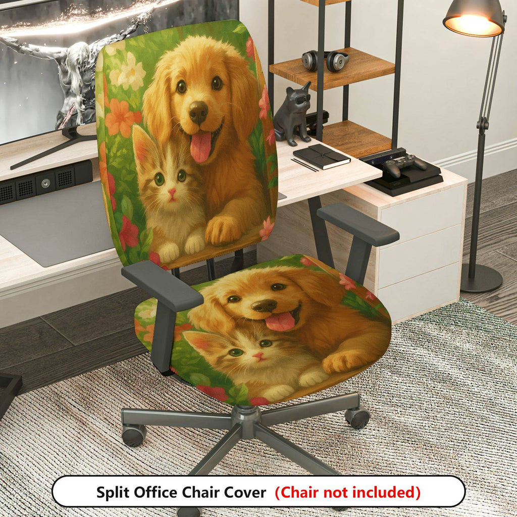 2-Piece Floral Dog Animal Green Pattern  Computer Chair Cover Set, Seat and Backrest