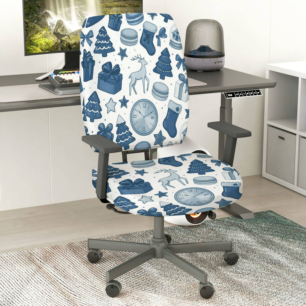 2-Piece Christmas Reindeer Clock Gift Tree Stocking  Computer Chair Cover Set, Seat and Backrest