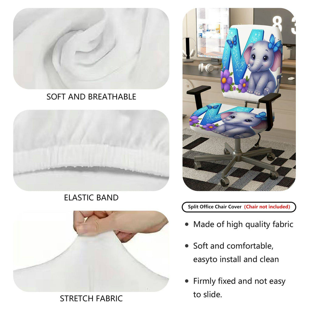 2-Piece Cute Elephant Butterfly Flower  Computer Chair Cover Set, Seat and Backrest