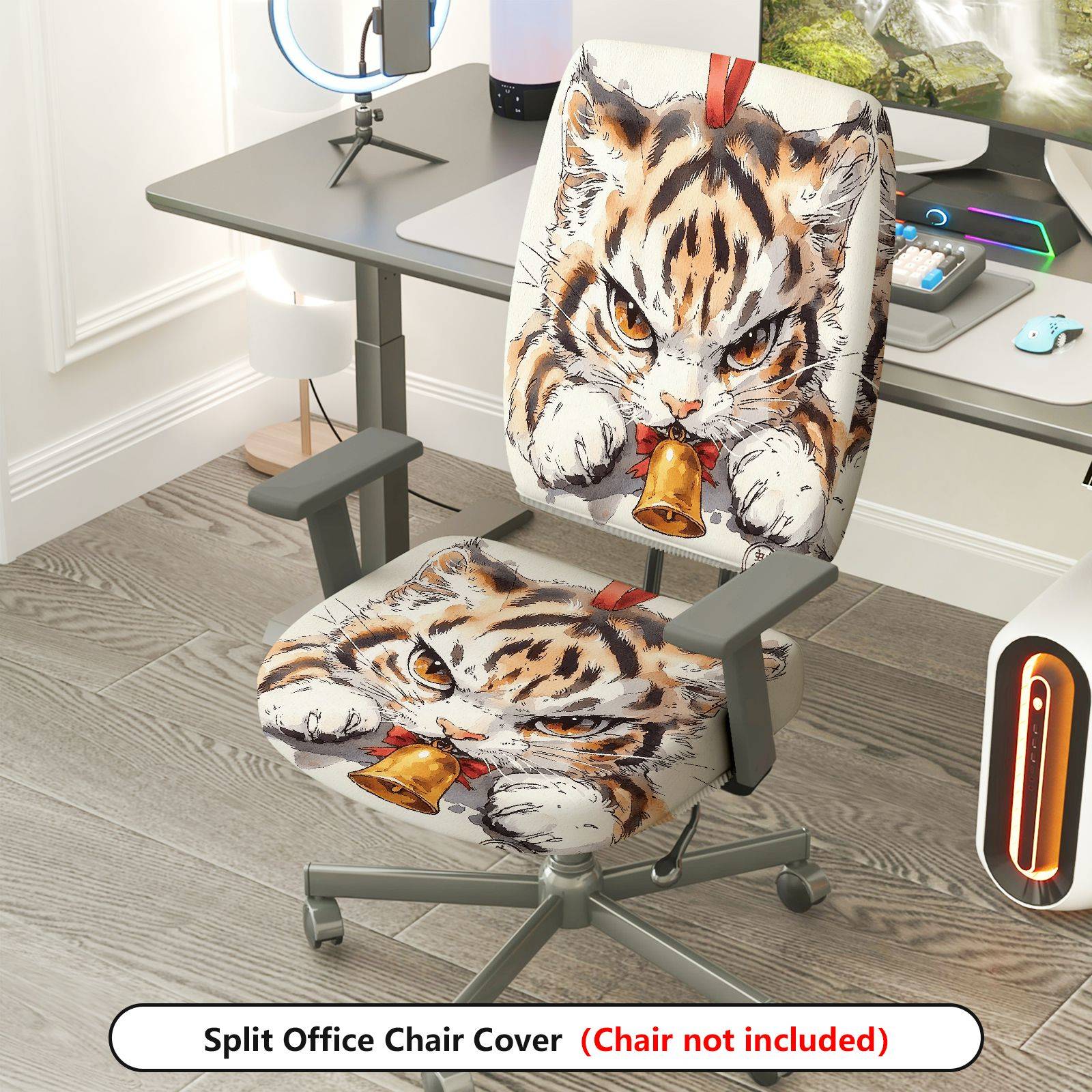 2-Piece Animal Cat Bell Drawn Pattern  Computer Chair Cover Set, Seat and Backrest