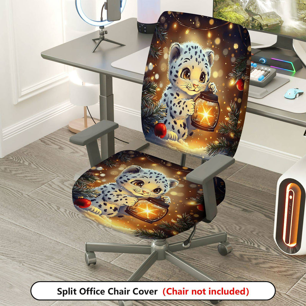 2-Piece Christmas Snowflake Lantern Cute Leopard  Computer Chair Cover Set, Seat and Backrest