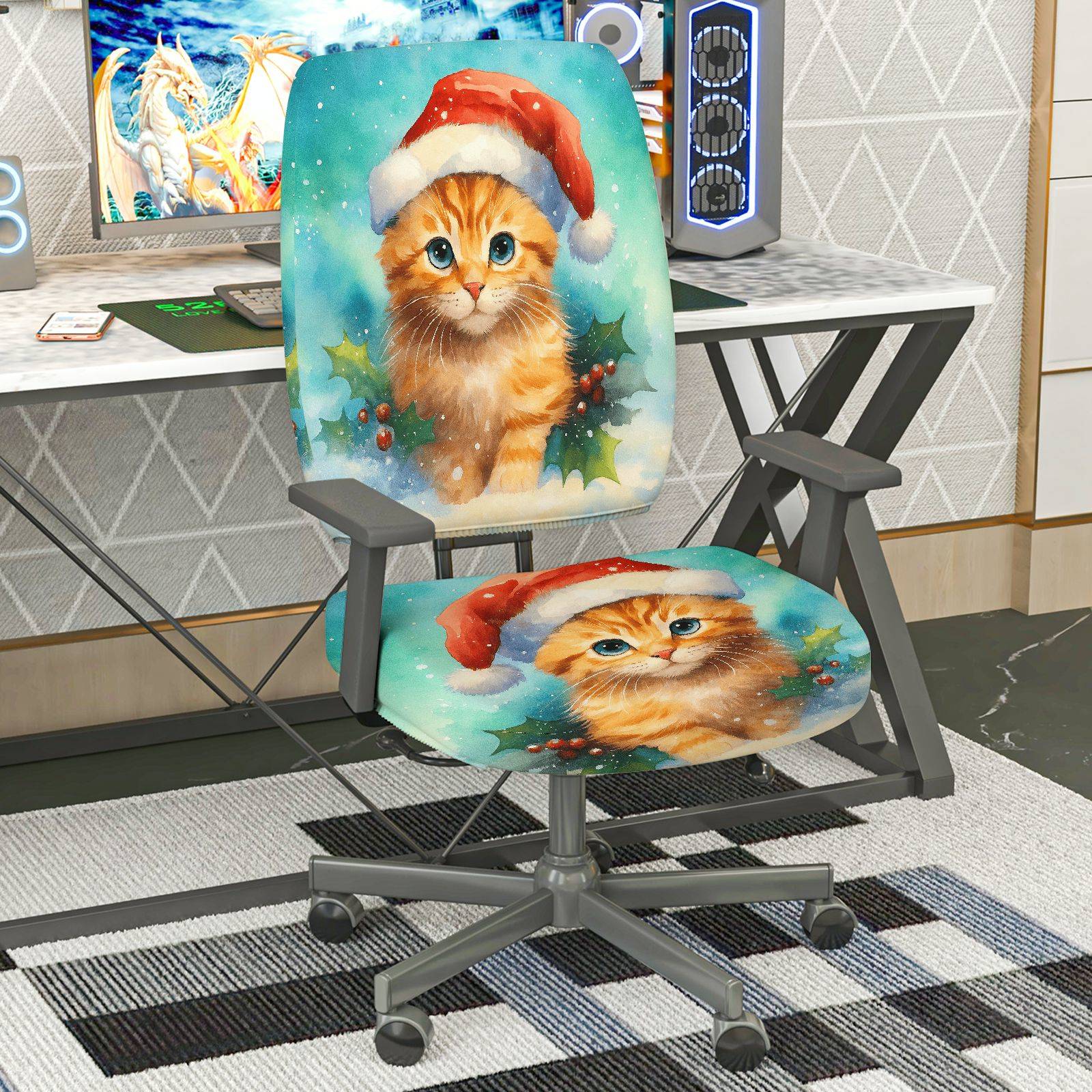 2-Piece Christmas Santa Cat Holly Snow Winter  Computer Chair Cover Set, Seat and Backrest
