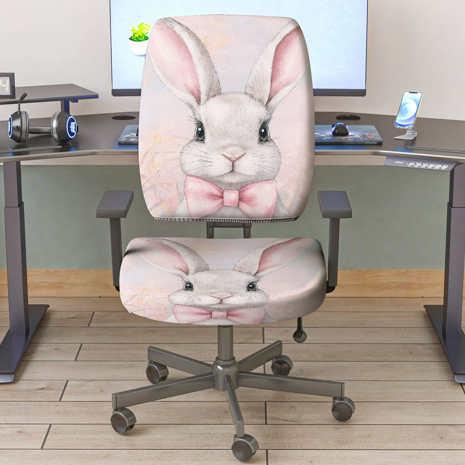 2-Piece Bunny Bow Pink Pattern Cute  Computer Chair Cover Set, Seat and Backrest