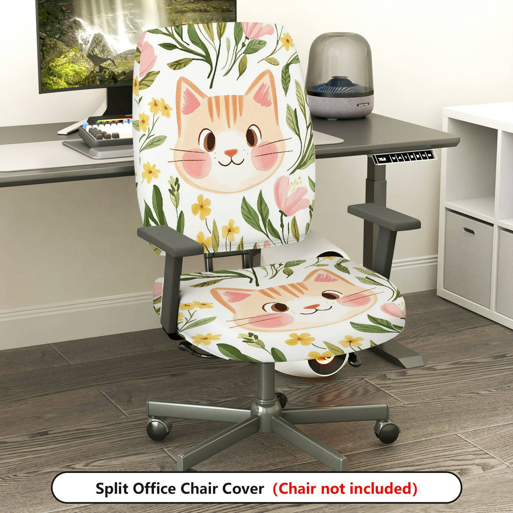 2-Piece Cat Floral Green Yellow  Computer Chair Cover Set, Seat and Backrest