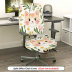2-Piece Cat Floral Green Yellow  Computer Chair Cover Set, Seat and Backrest