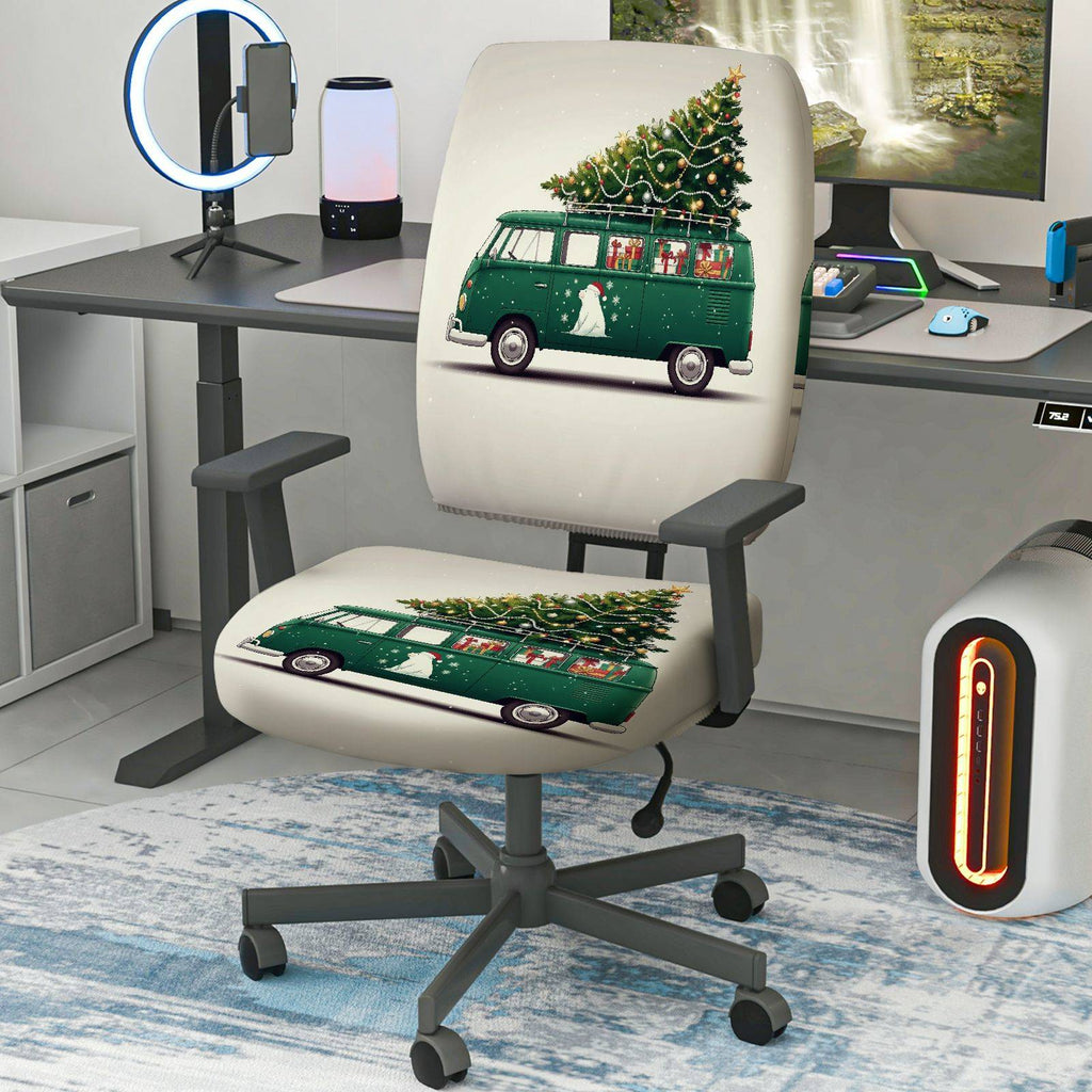 2-Piece Christmas Holiday Vintage Car Tree Dog Snow  Computer Chair Cover Set, Seat and Backrest