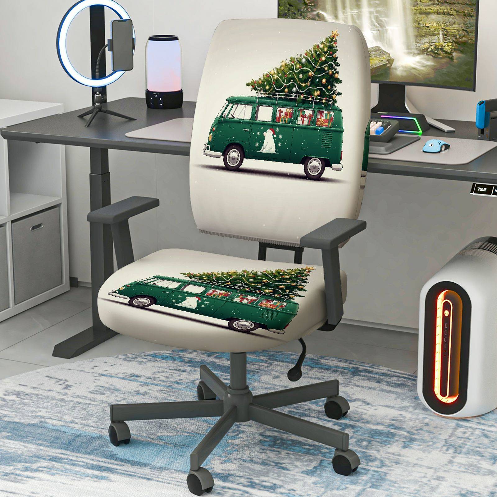 2-Piece Christmas Holiday Vintage Car Tree Dog Snow  Computer Chair Cover Set, Seat and Backrest