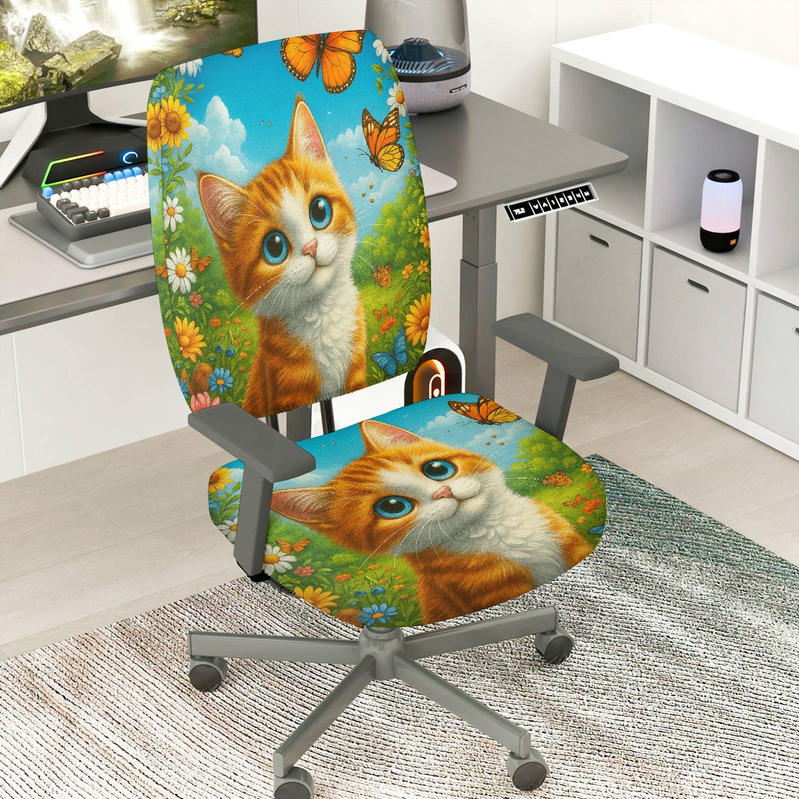 2-Piece Cute Cat Floral Nature Butterfly Colorful  Computer Chair Cover Set, Seat and Backrest