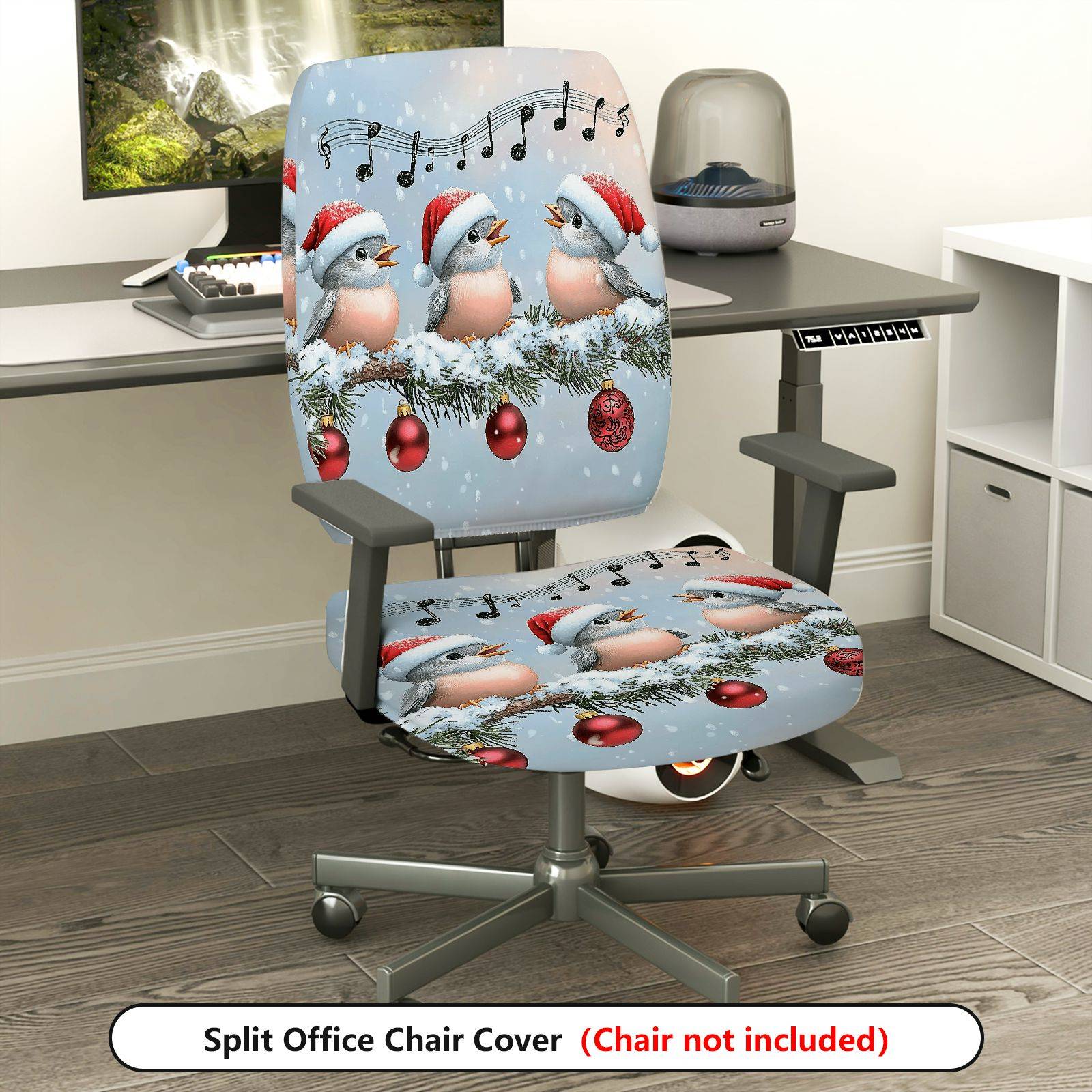 2-Piece Christmas Bird Music Snow Holiday  Computer Chair Cover Set, Seat and Backrest