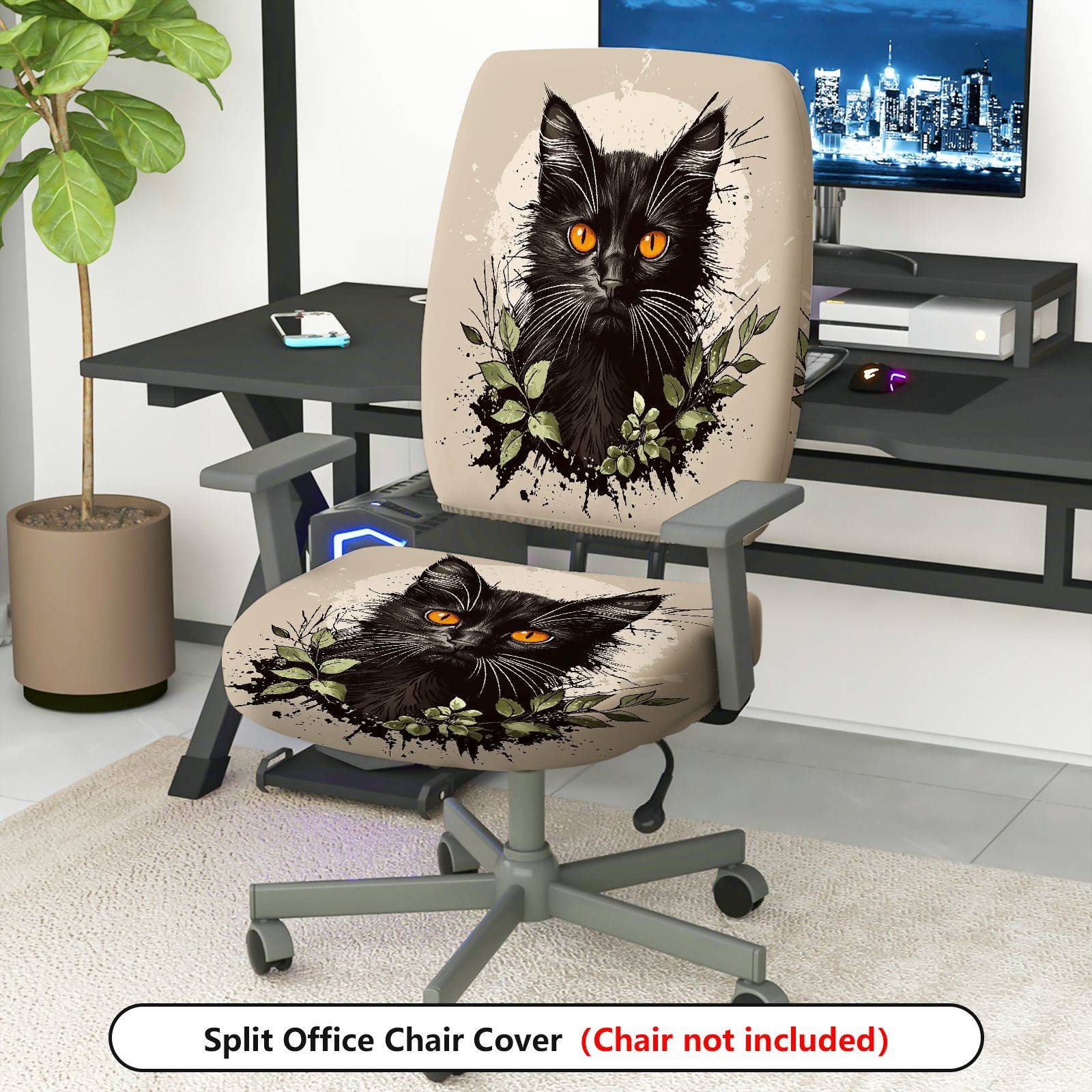 2-Piece Black Cat Floral Animal Pattern  Computer Chair Cover Set, Seat and Backrest