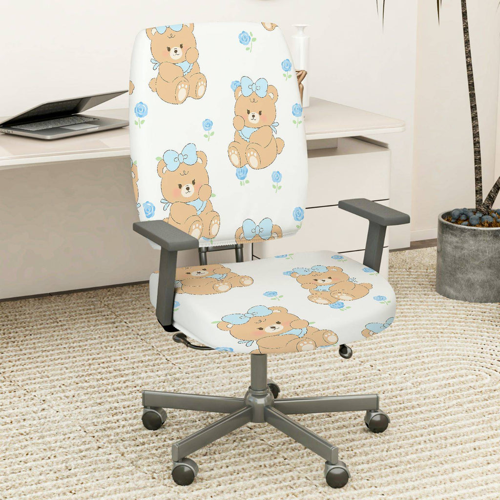 2-Piece Cute Bear Floral Decorative  Computer Chair Cover Set, Seat and Backrest