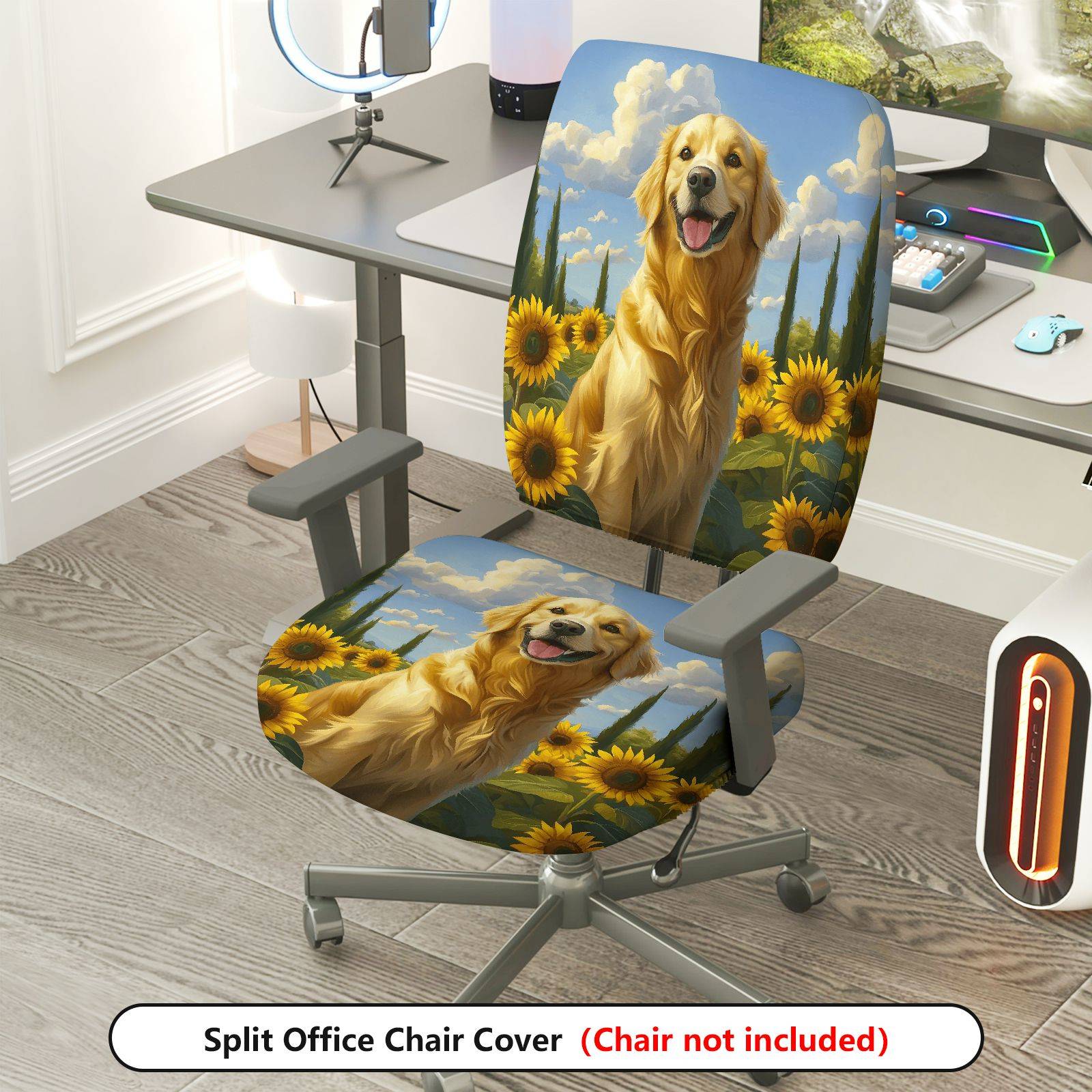 2-Piece Golden Retriever Sunflower Sky Landscape  Computer Chair Cover Set, Seat and Backrest