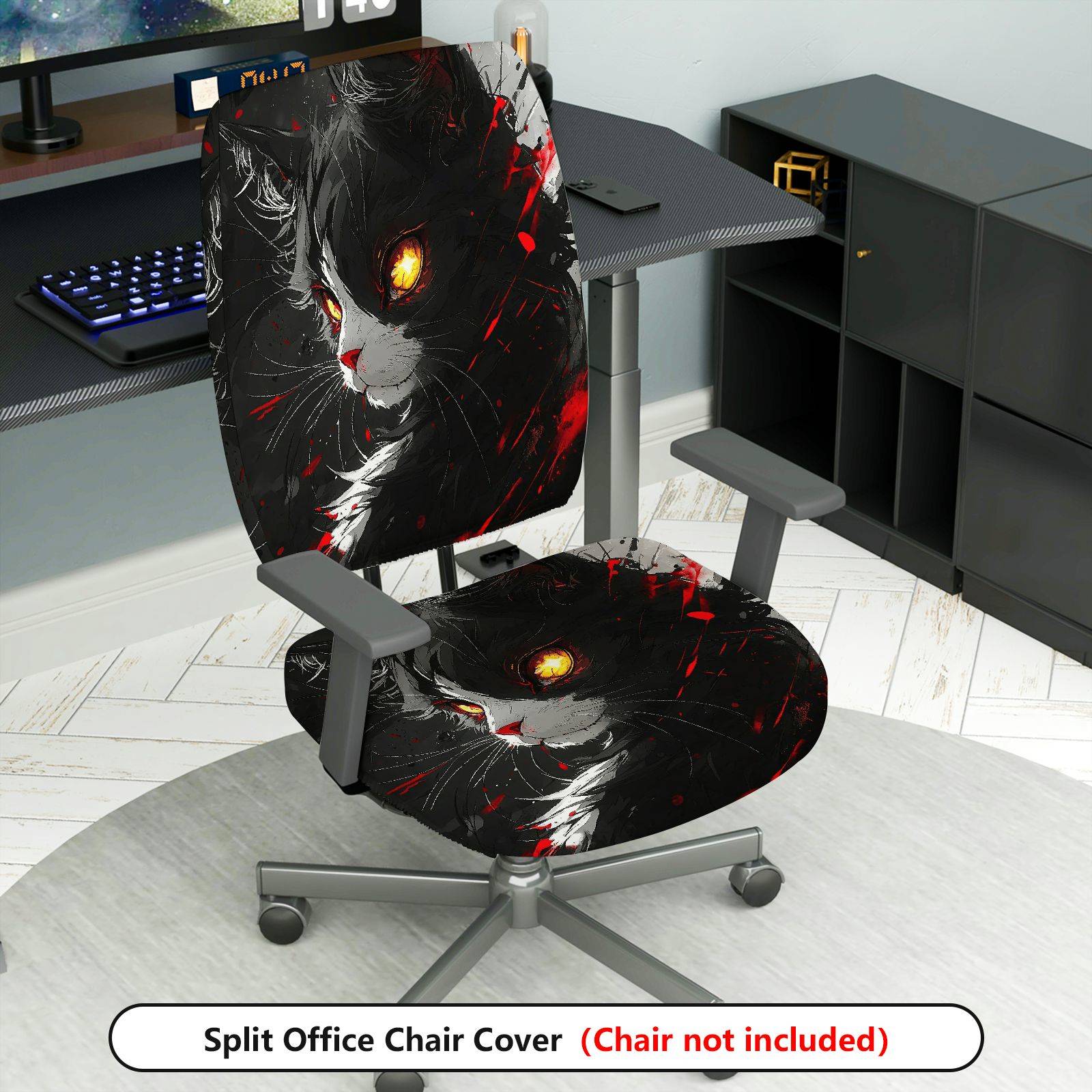 2-Piece Stylish Cat Art Red Black Abstract  Computer Chair Cover Set, Seat and Backrest