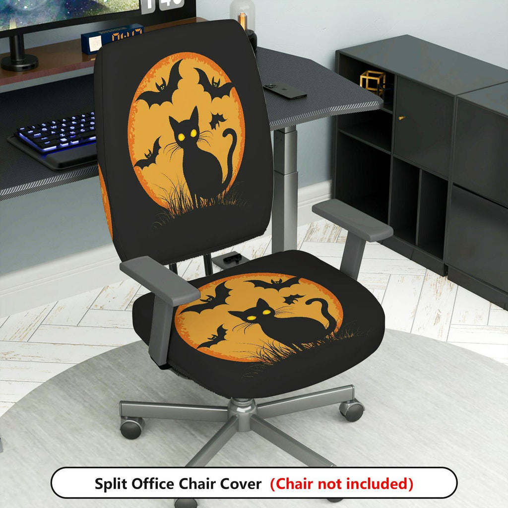 2-Piece Halloween Black Cat Bat Moon Orange  Computer Chair Cover Set, Seat and Backrest