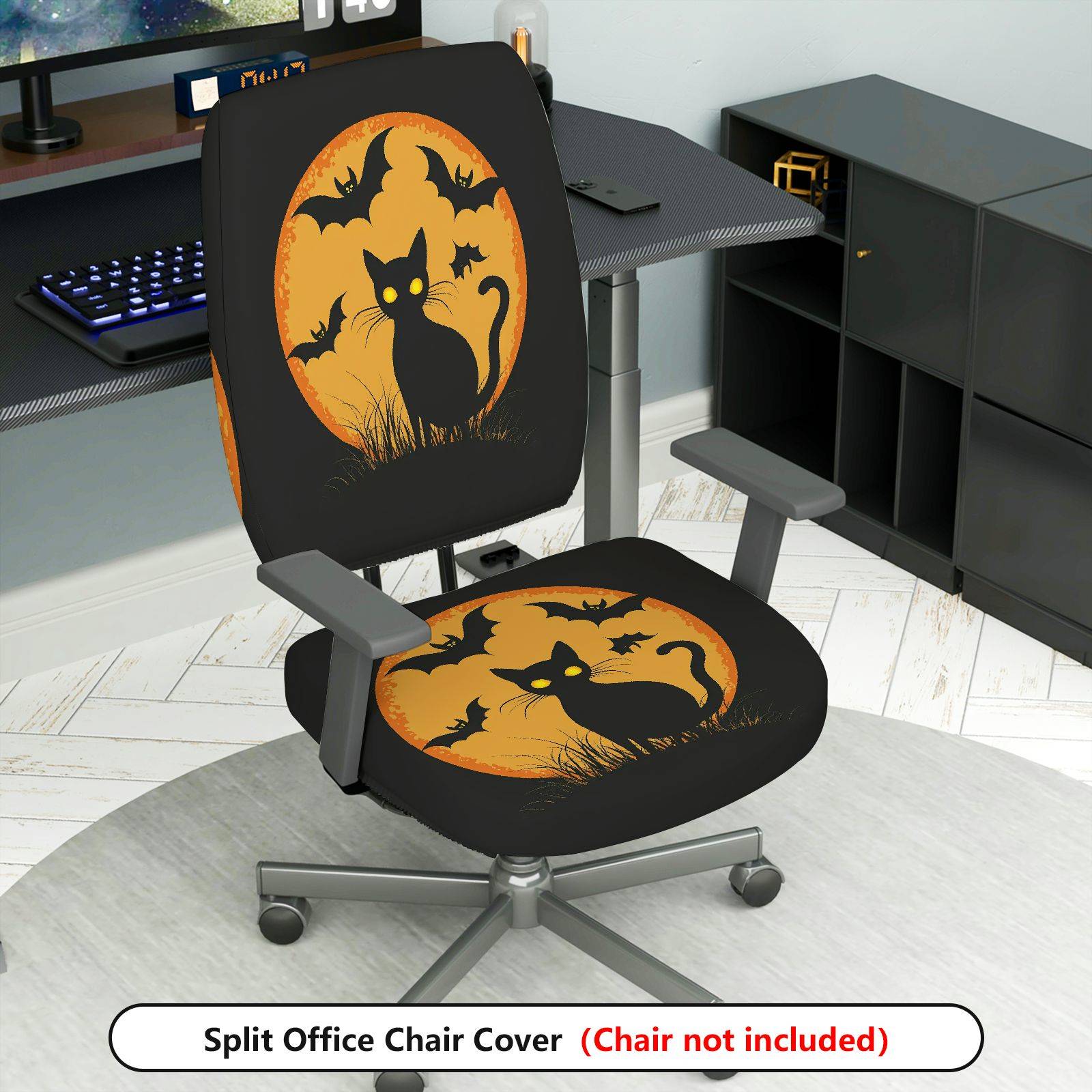 2-Piece Halloween Black Cat Bat Moon Orange  Computer Chair Cover Set, Seat and Backrest