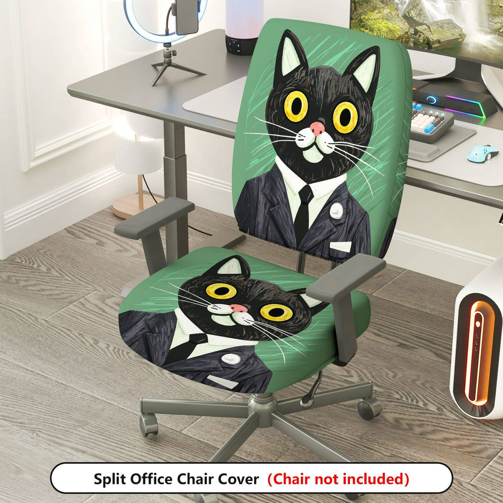 2-Piece Cat Business Suit Pattern Fun Creative Unique  Computer Chair Cover Set, Seat and Backrest