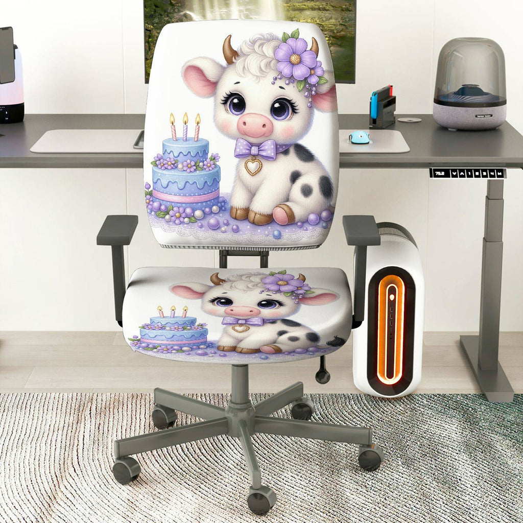 2-Piece Cow Birthday Celebration Cute Decorative  Computer Chair Cover Set, Seat and Backrest