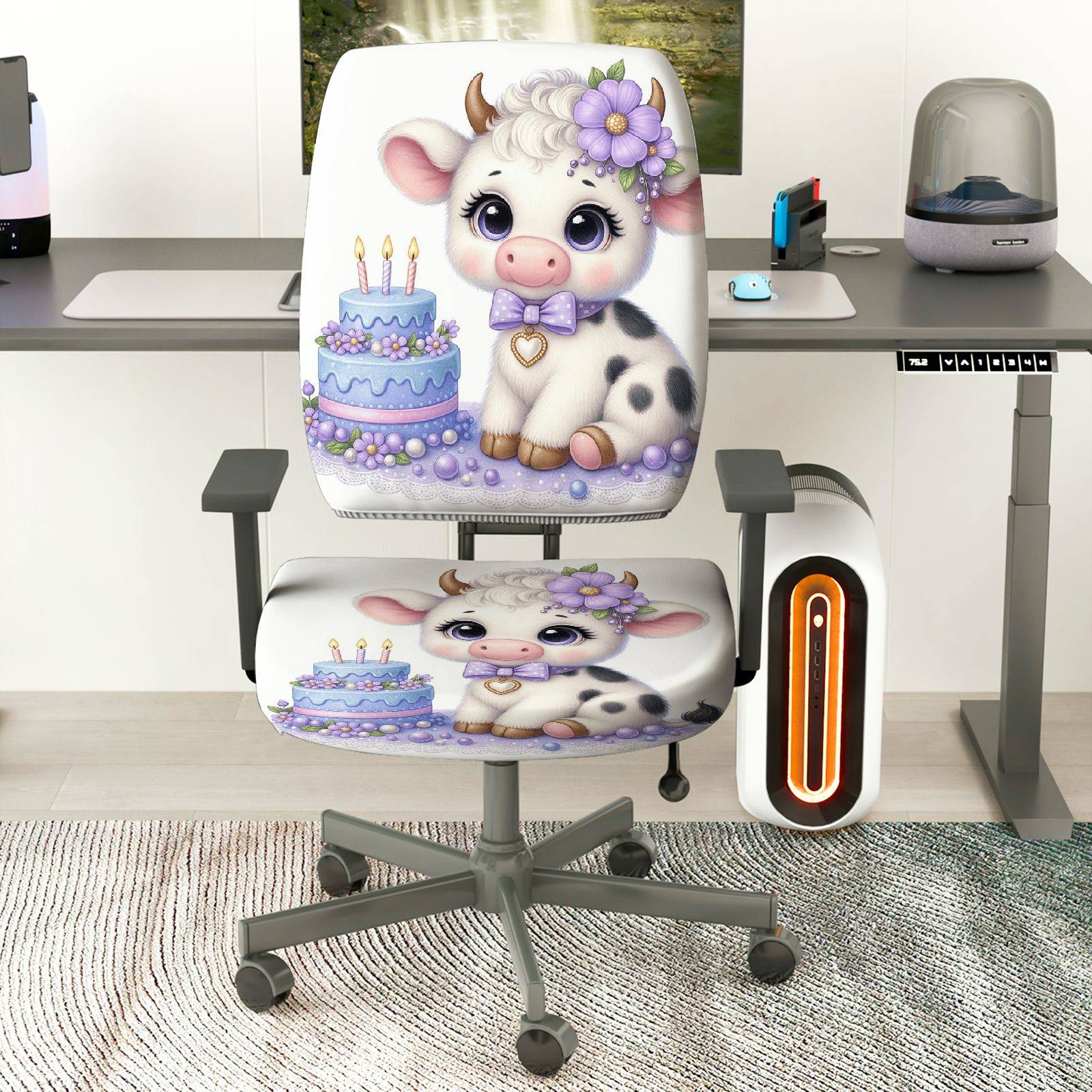 2-Piece Cow Birthday Celebration Cute Decorative  Computer Chair Cover Set, Seat and Backrest
