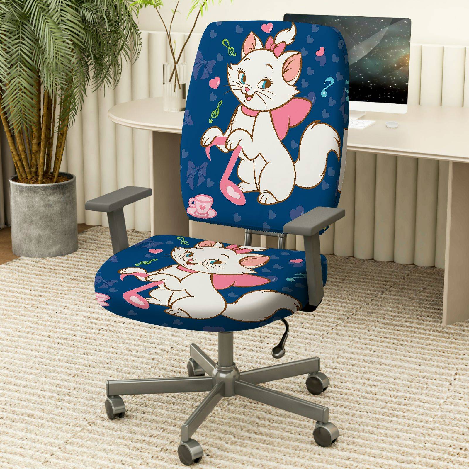 2-Piece Cute cat blue pink heart music bow  Computer Chair Cover Set, Seat and Backrest