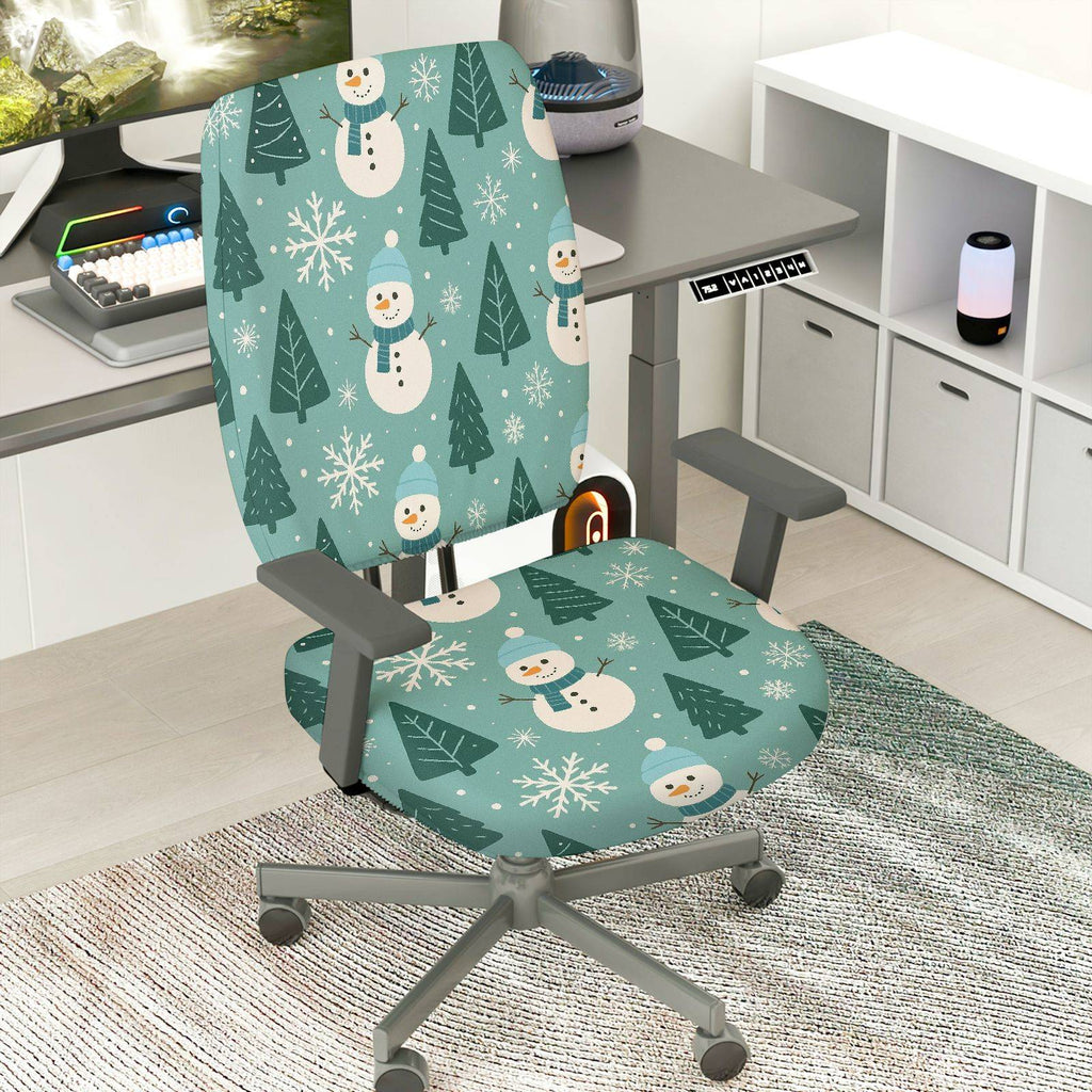 2-Piece Christmas Snowman Pine Tree Snowflake Holiday Winter  Computer Chair Cover Set, Seat and Backrest