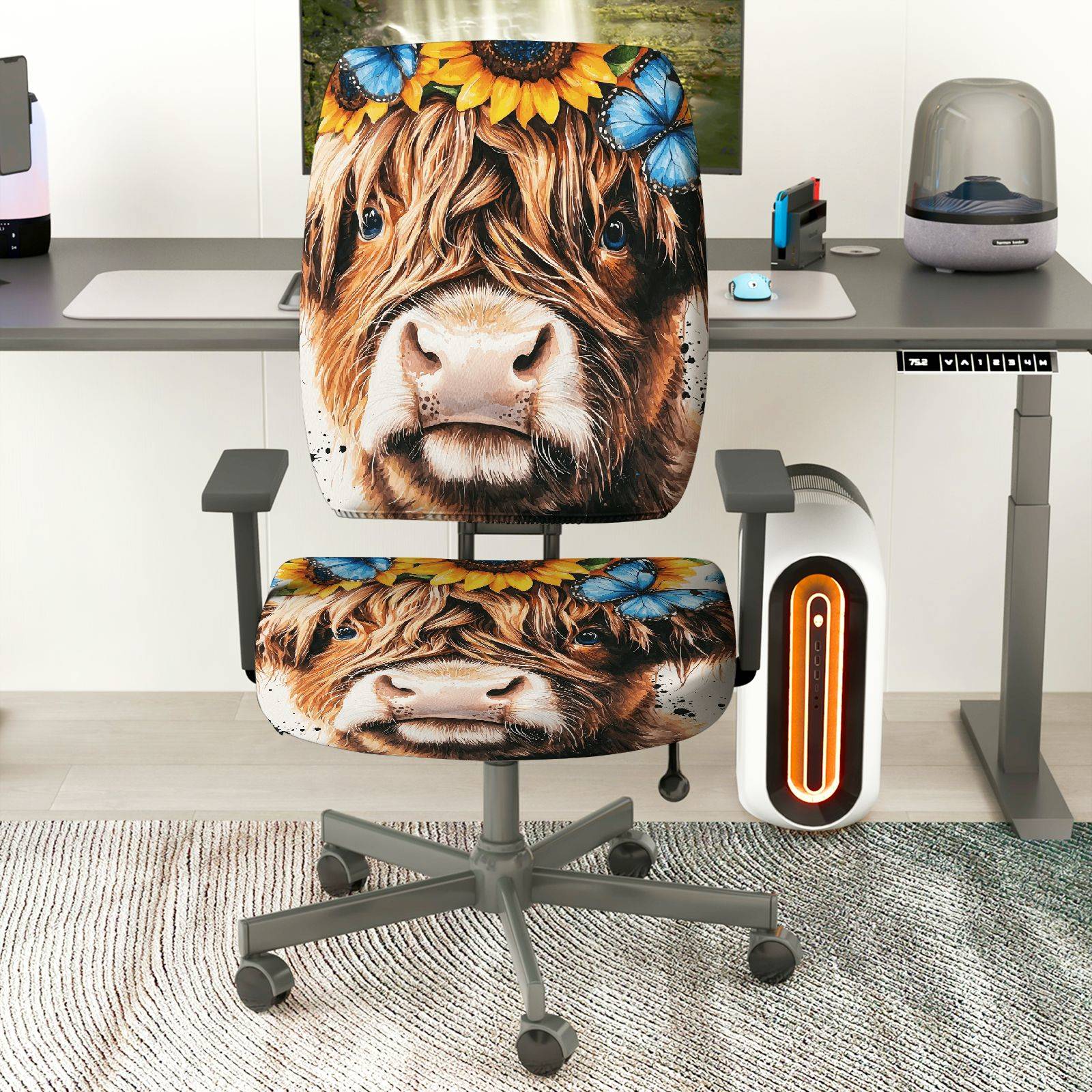 2-Piece Cow Sunflower Butterfly Nature Animal Head  Computer Chair Cover Set, Seat and Backrest