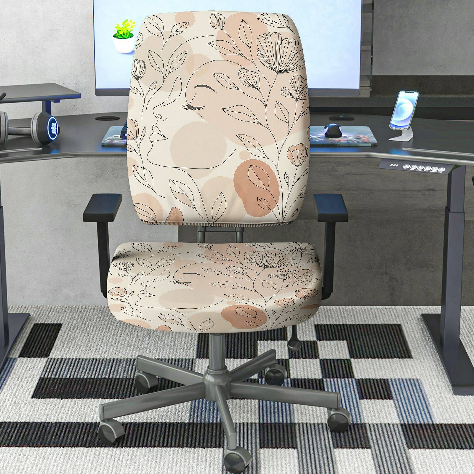 2-Piece Abstract Face Line Art Botanical Floral Modern  Computer Chair Cover Set, Seat and Backrest