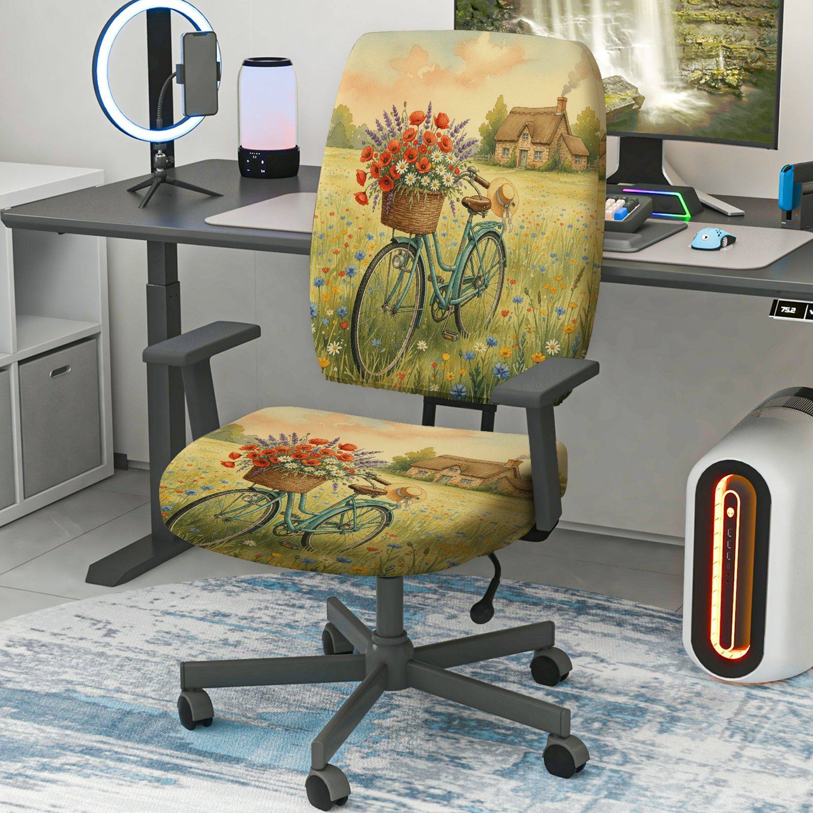 2-Piece Vintage Bicycle Flowers Landscape Country House  Computer Chair Cover Set, Seat and Backrest