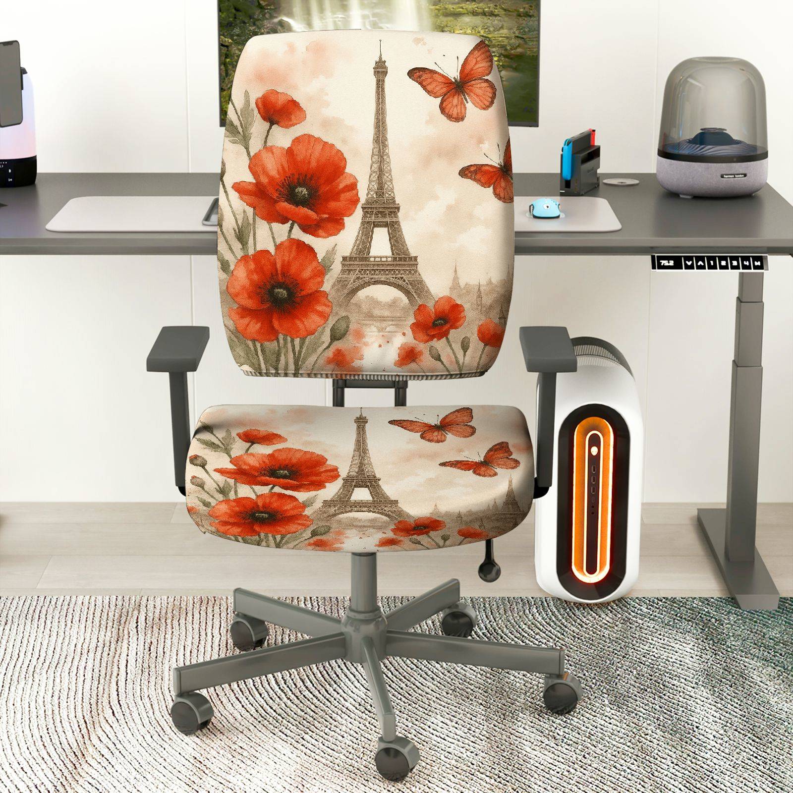 2-Piece Eiffel Tower Butterfly Flower Pattern  Computer Chair Cover Set, Seat and Backrest