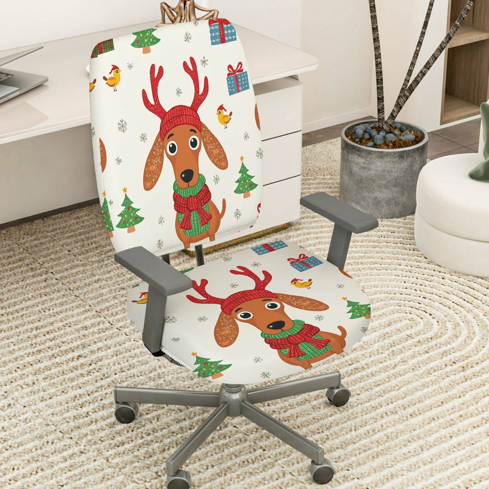 2-Piece Christmas Dog Reindeer Pattern Festive Holiday  Computer Chair Cover Set, Seat and Backrest