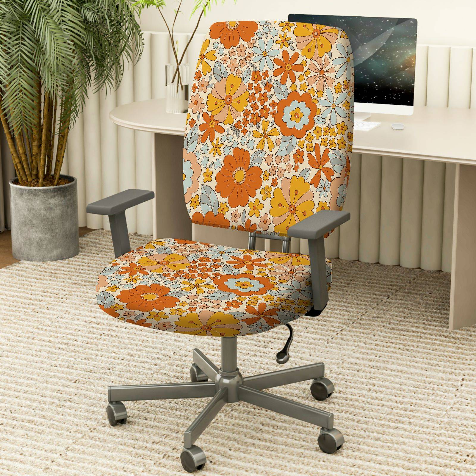 2-Piece Floral Pattern Orange Bloom Flower Bohemian Style Spring  Computer Chair Cover Set, Seat and Backrest