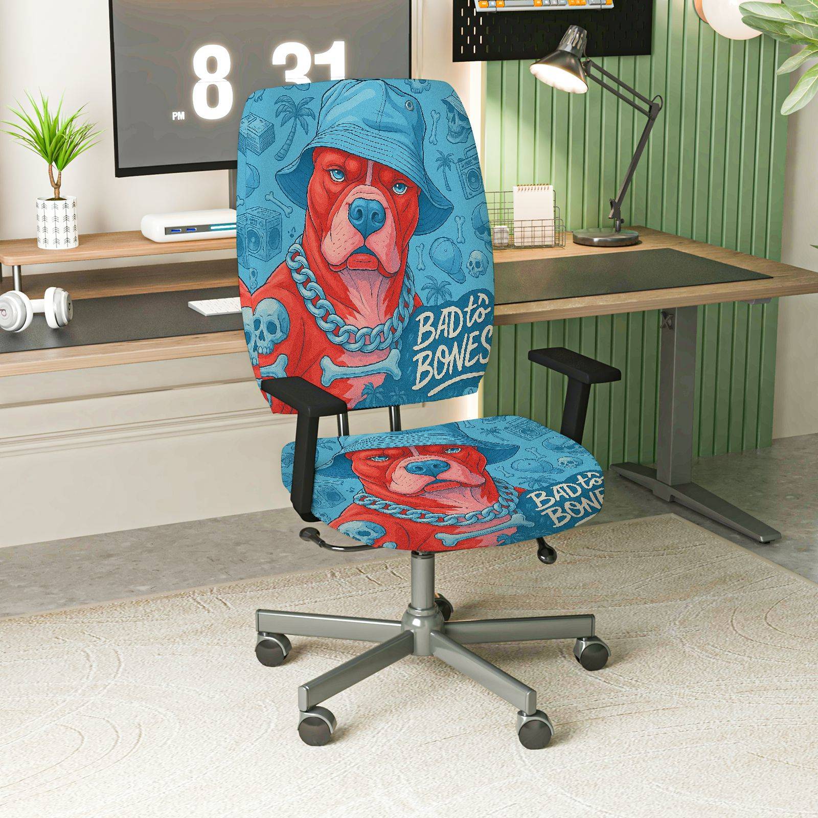 2-Piece Dog Skull Chain Hip Hop  Computer Chair Cover Set, Seat and Backrest