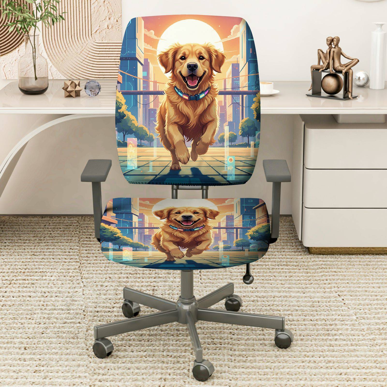2-Piece Dog Cityscape Sunset Joyful Vibrant Playful  Computer Chair Cover Set, Seat and Backrest