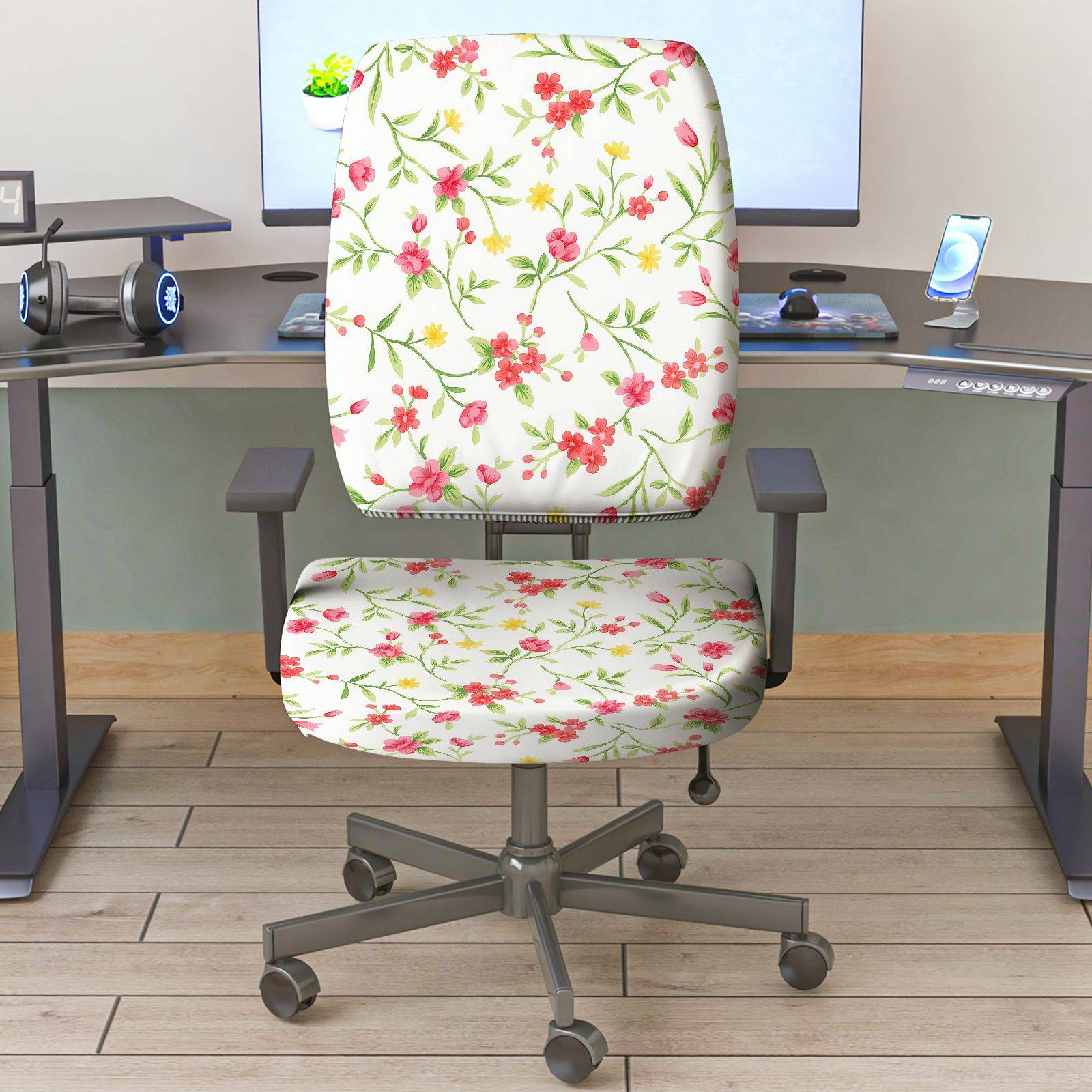 2-Piece Floral Pattern Spring Summer Flower  Computer Chair Cover Set, Seat and Backrest