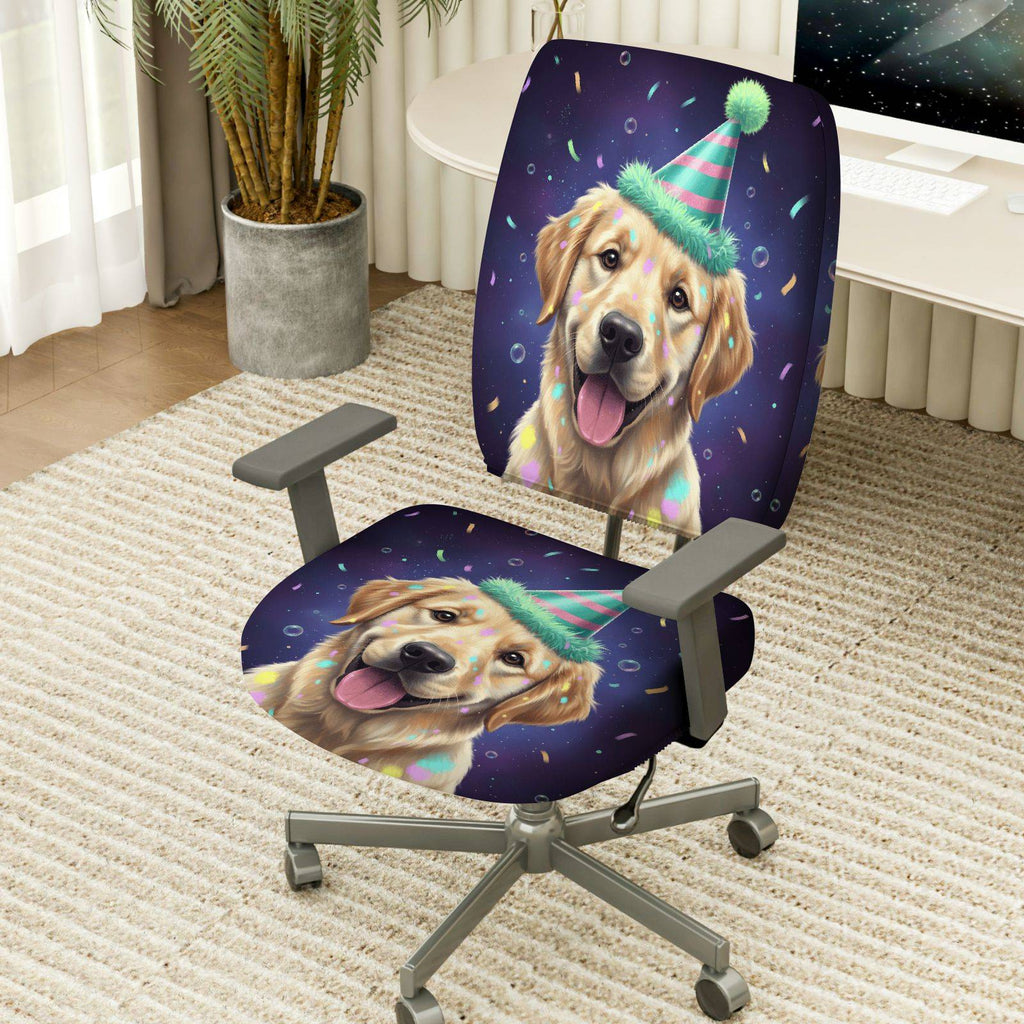 2-Piece Cute Dog Party Hat Celebration Confetti Joyful  Computer Chair Cover Set, Seat and Backrest