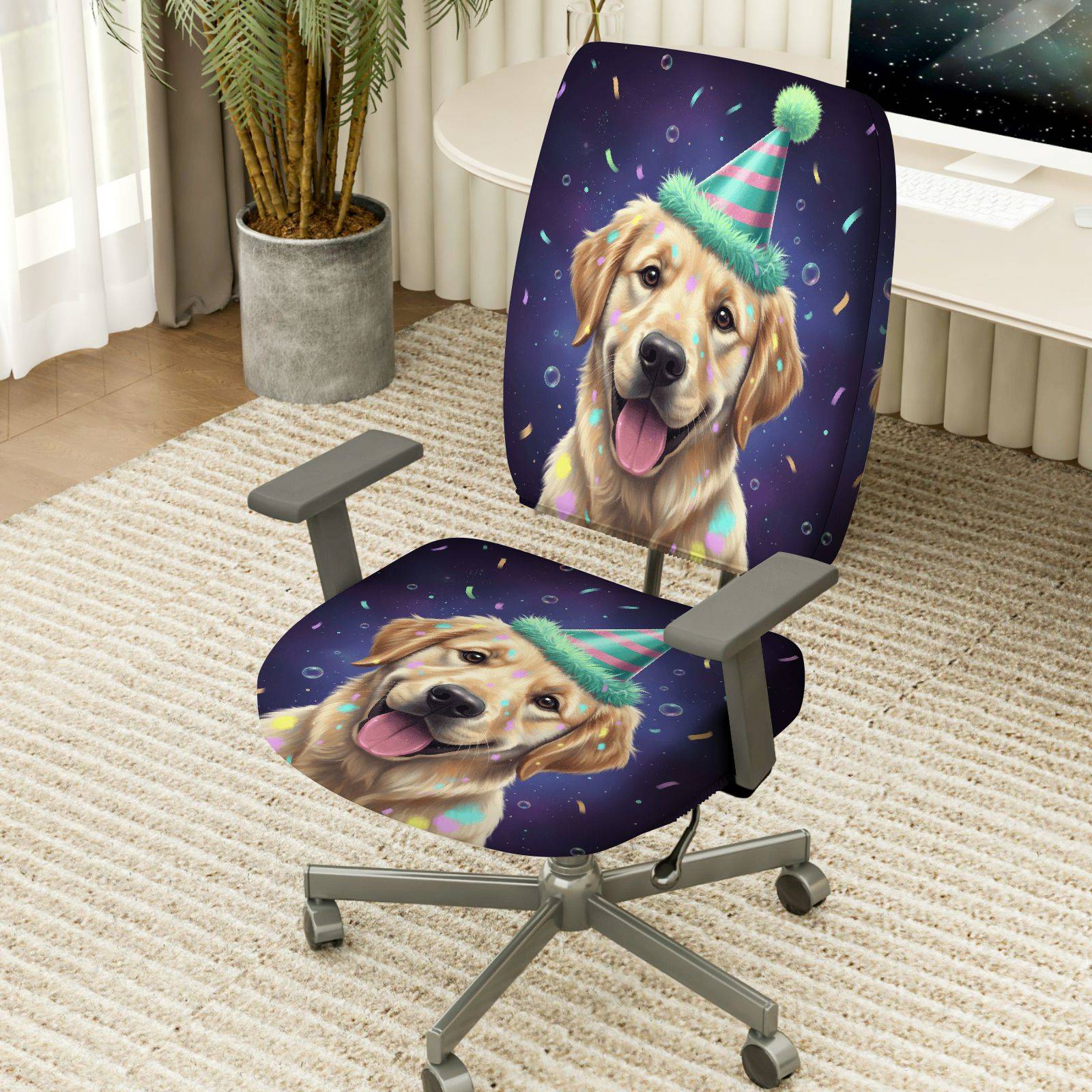 2-Piece Cute Dog Party Hat Celebration Confetti Joyful  Computer Chair Cover Set, Seat and Backrest